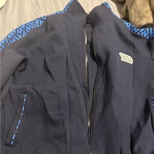 Versace Men's Dark Blue Bomber Jacket and  pants  with Light Blue Accents